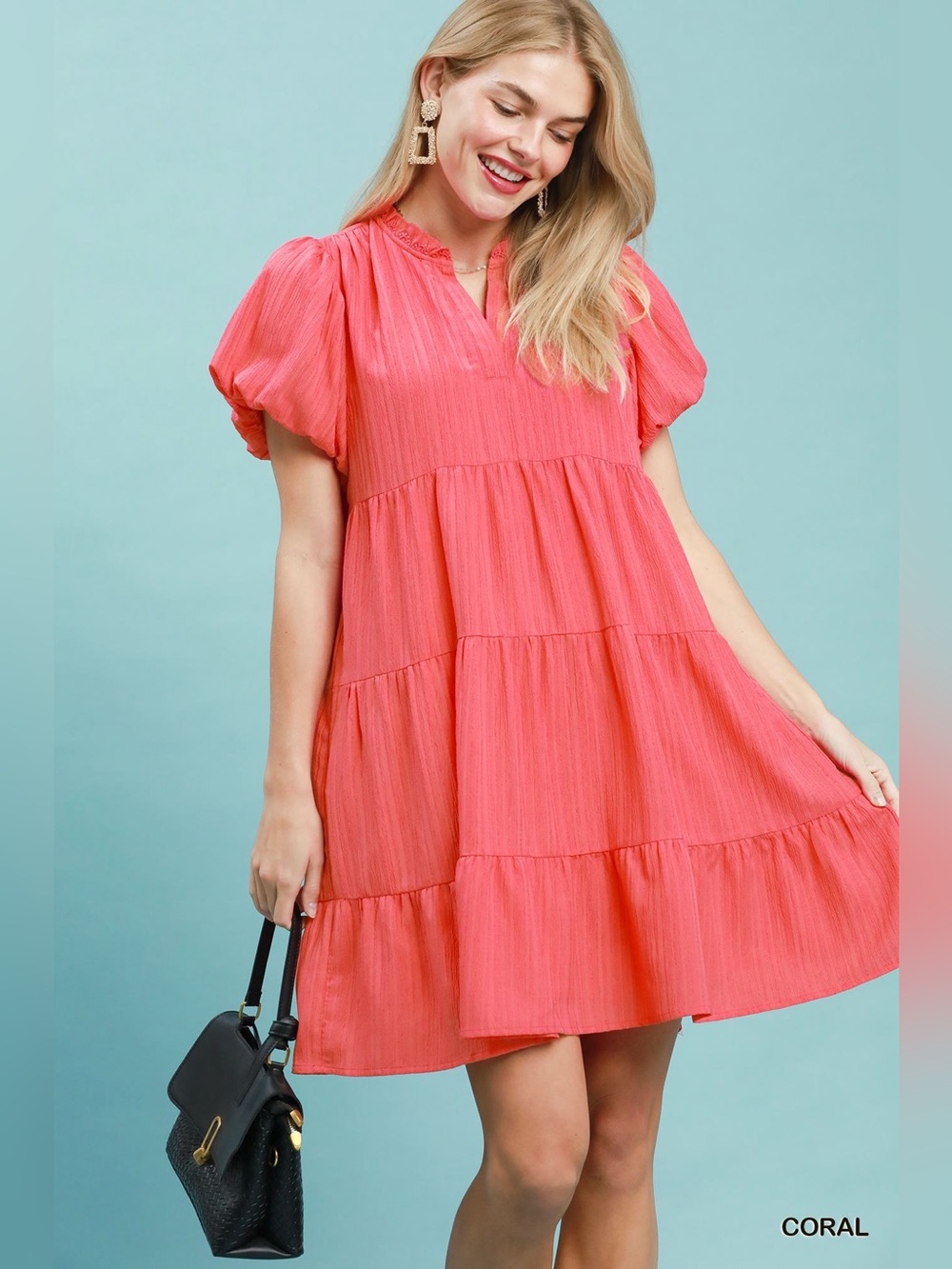 Umgee Puff Sleeve Tiered Babydoll Dress